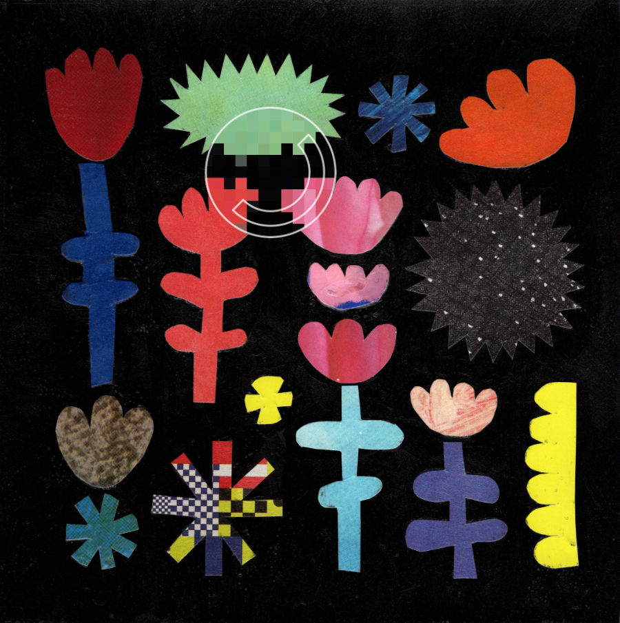 Bunte ausgeschnittene Formen aufgeklebt auf schwarzem Papier. Sternen, Blumen und freie Formen, mit Adabob-Logo.