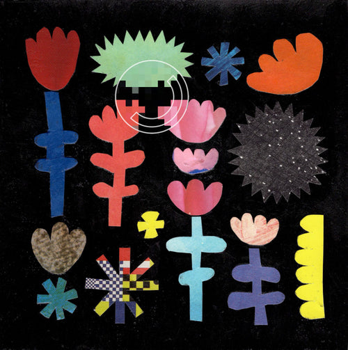 Bunte ausgeschnittene Formen aufgeklebt auf schwarzem Papier. Sternen, Blumen und freie Formen, mit Adabob-Logo.