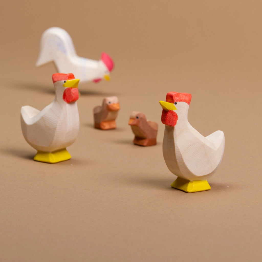 Komposition aus Huhn weiss nach links schauend im Vordergrund. in der Bildmitte zwei Entenküken und ein nach vorne rechts schauendes Huhn in weiss und im Hintergrund sich befindenden Hahn.