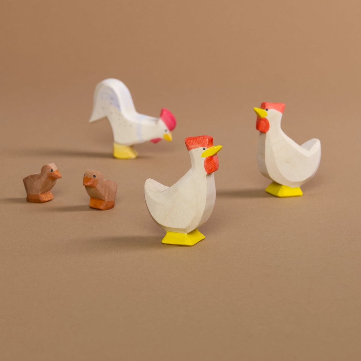 Komposition aus Huhn weiss nach links schauend im Vordergrund. in der Bildmitte zwei Entenküken und ein nach vorne rechts schauendes Huhn in weiss und im Hintergrund sich befindenden Hahn.
