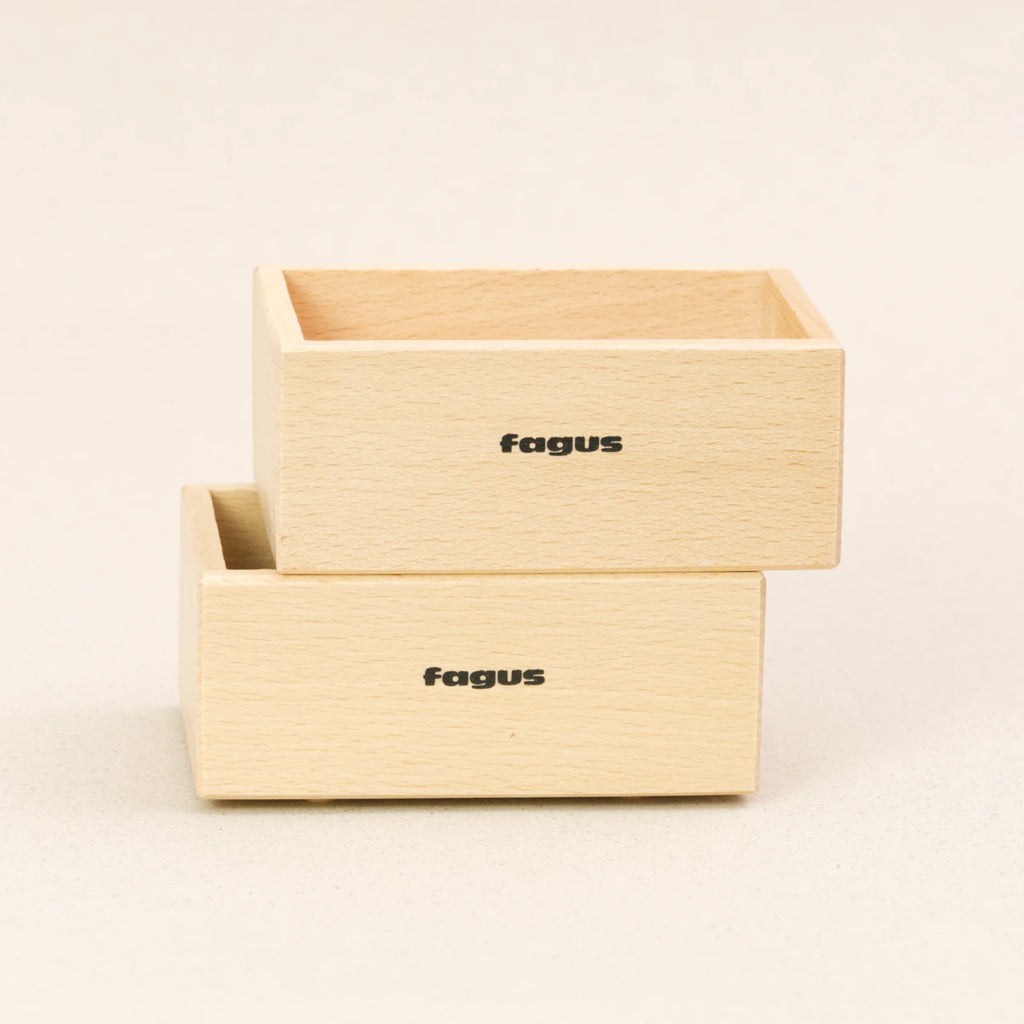 Zwei Stapelboxen von fagus aus naturlackiertem Buchenholz stehen versetzt aufeinander. Sie haben das fagus Logo auf der längeren Seite.