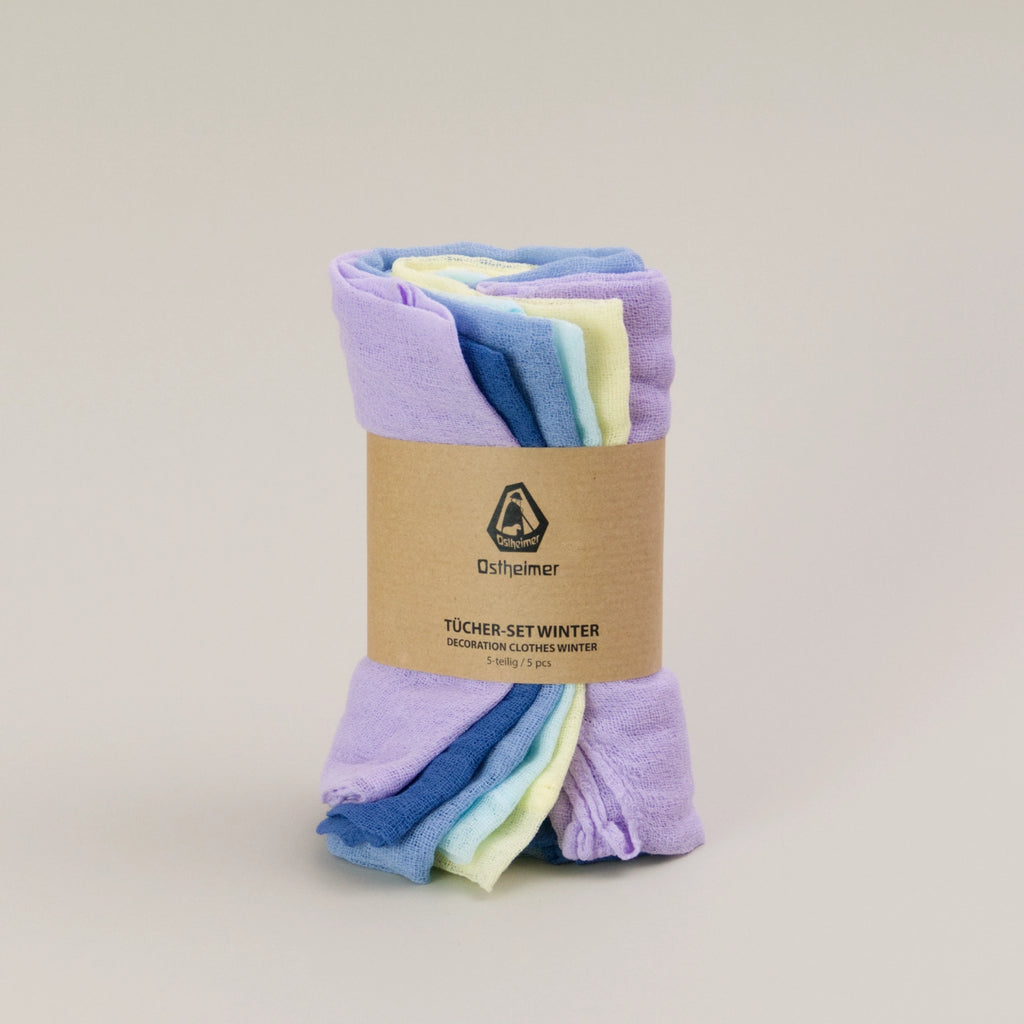 Tücher von Ostheimer, Set Winter in den Farben Türkis, Zitronengelb, Lila, Bergblau und Preußischblau. Verpackung.
