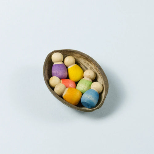 sechs kleine Babyholzfiguren in verschiedenen Farben in einer halben Kokosnussschale liegend.