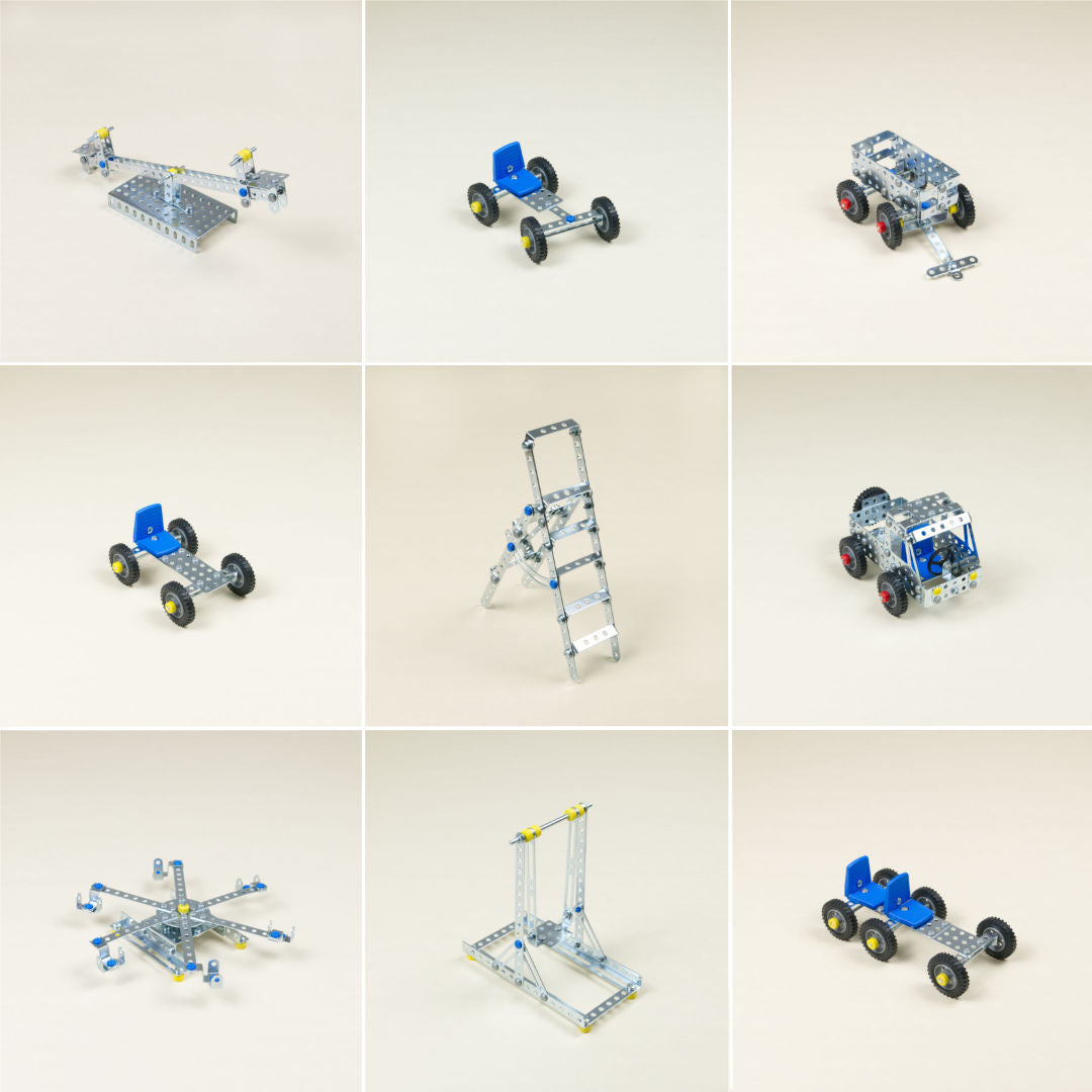 Collage aus allen Baumöglichkeiten des Metallbaukastens. Eine Wippe, ein Fahrzeug mit beweglichen Achsen, ein wagen zum ziehen, ein Einsitzer, eine Leiter, ein Jeep, ein Karussell, eine Schaukel und ein Zweisitzer.