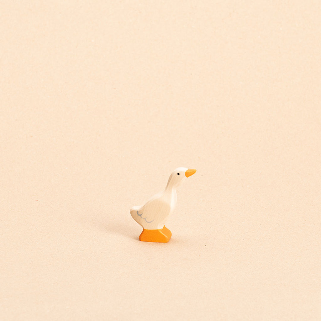 Eine kleine, weiße Gans mit blauen Ferderdetails, orangenem Schnabel und orangenen Paddeln schaut im Profil zum rechten Bildrand mit gestrecktem Hals nach oben.