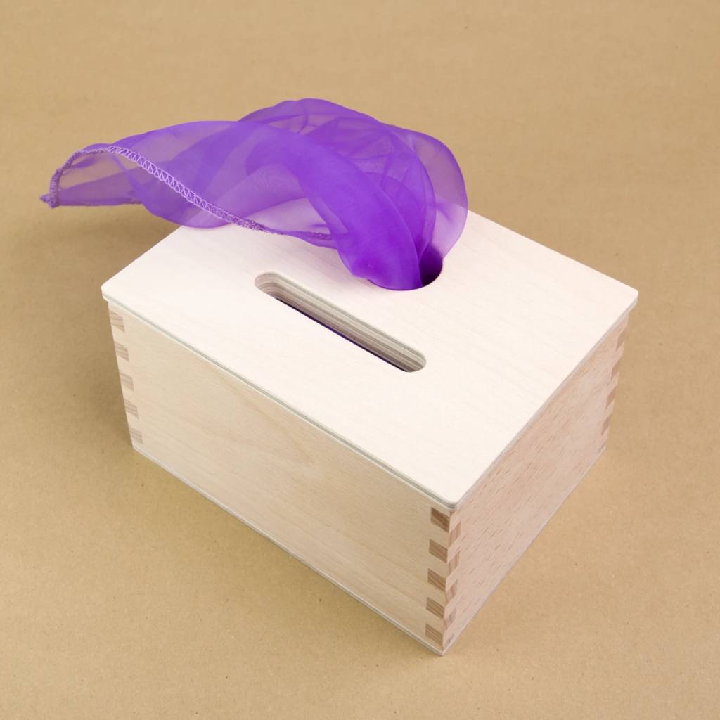 Eine rechteckige Permanente Box aus Holz steht seitlich eingedreht in der Mitte. Nach links hinten erstreckt sich ein violett färbendes, transparentes Tuch, das aus einer runden Öffnung des Deckels der Box kommt. Außerdem befindet sich vor der runden Öffnung noch eine längliche Öffnung im Holzdeckel.