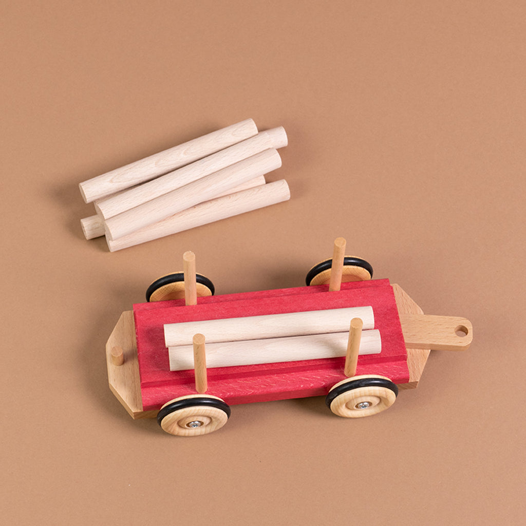 Draufsicht des rollbaren Langholzwagens von Beck. Die Holzstäbe sind lose und flexibel einsetzbar.