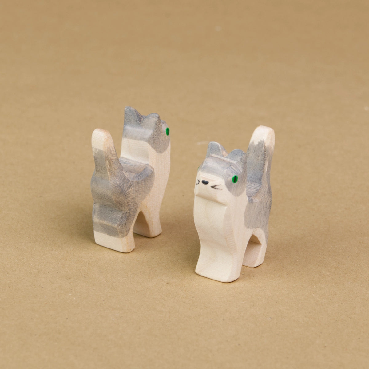 Zwei kleine Katzen mit weiß-grauem Fell stehen parallel, schräg nebeneinander und halten ihren Kopf sowie den Schwanz nach oben. Die linke Katze schaut nach hinten rechts und die rechte Katze schaut nach vorne links und ist mit dem Gesicht zu sehen.