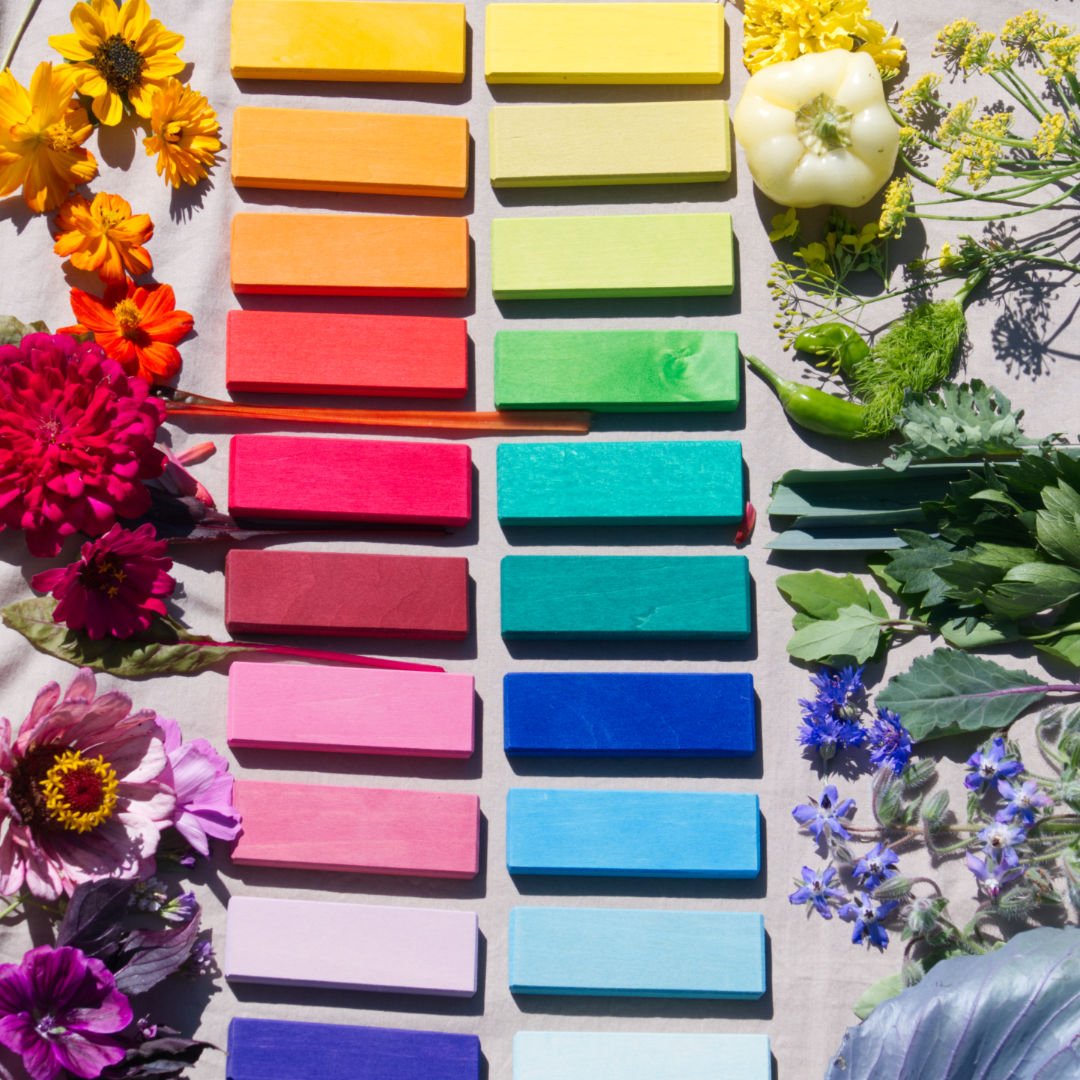 Regenbogenbaukasten von Glückskäfer mit dazu farblich passenden Naturmaterialen und Blumen.
