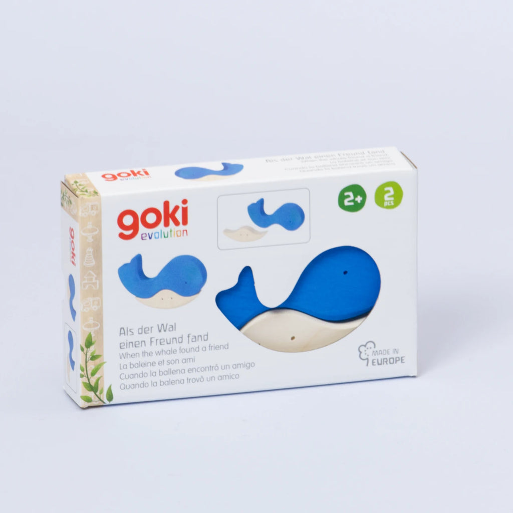 Das zweiteilige Wal Puzzle von Goki Evolution mit dem Namen. Als der Wal einen Freund fand. Das Produkt ist in einem rechteckigen Papierkarton mit walförmigem Fenster verpackt.