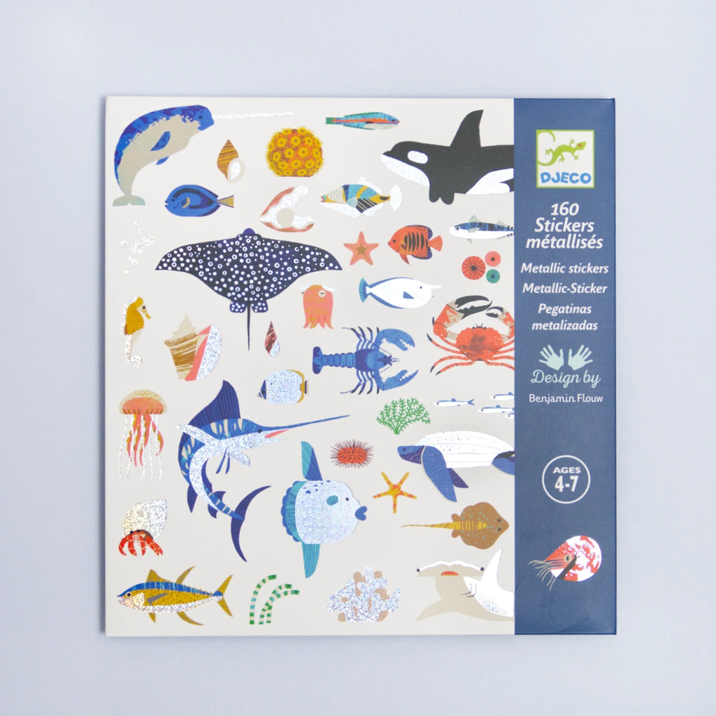 Djeco Sticker „Ozean“, 160 glänzende Metallic-Aufkleber mit Meerestieren