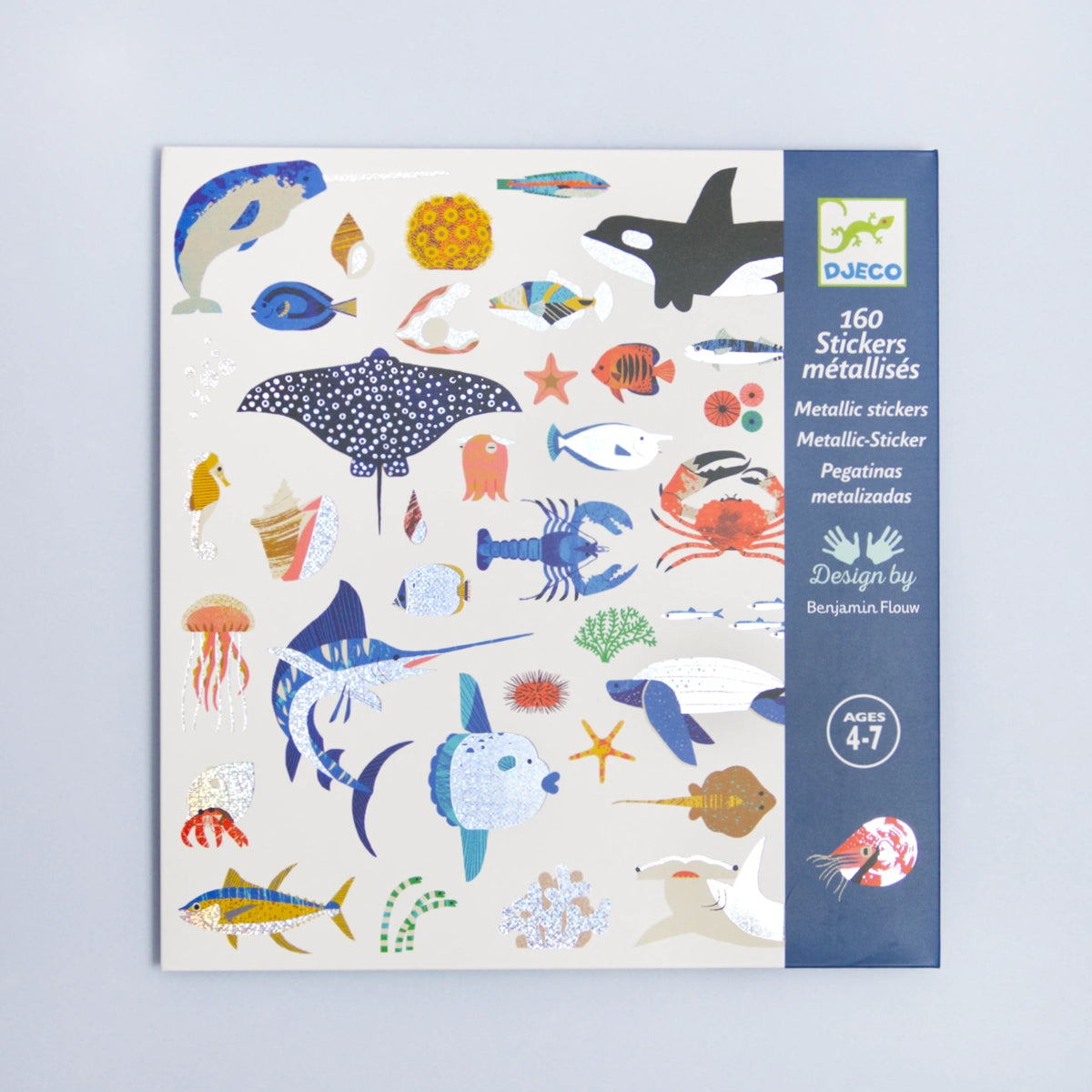 Djeco Sticker „Ozean“, 160 glänzende Metallic-Aufkleber mit Meerestieren