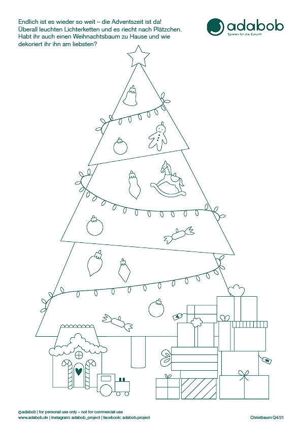 Ausmalbild geometrischer Weihnachtsbaum mit Dekorationen, Geschenken am Boden und einem Lebkuchenhaus.