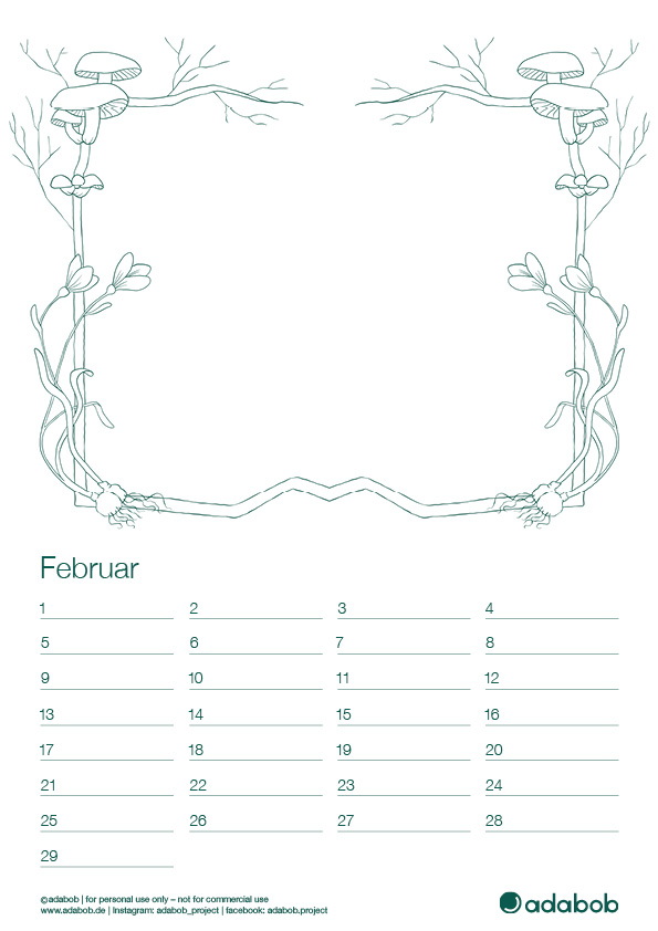 Kalenderblatt Februar mit Samtfußrübling, Schneeglöckchen und Äste-Verzierungen zum Ausmalen; Platz für Foto in der Mitte.