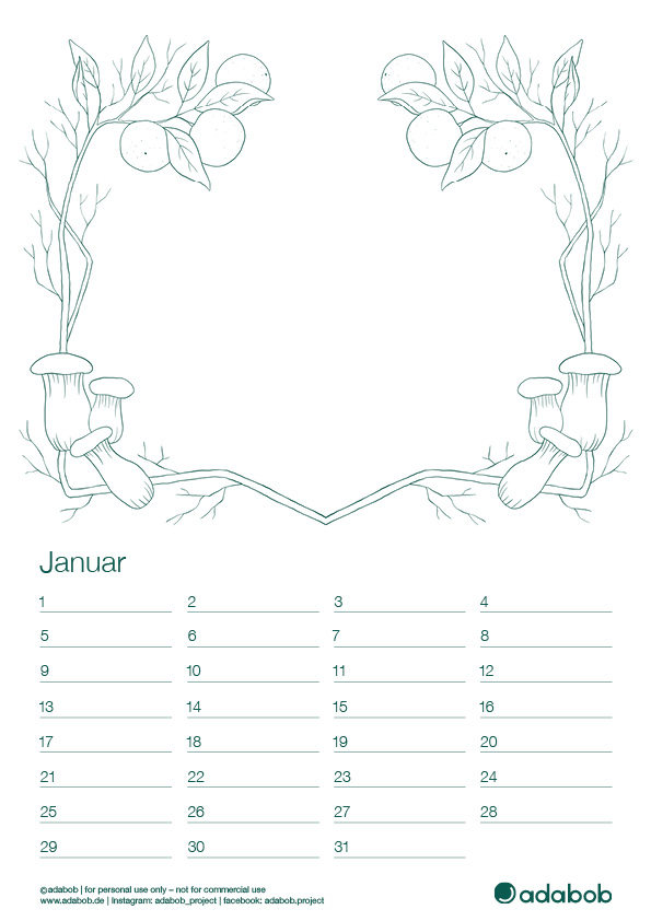Kalenderblatt Januar mit Kräuterseitling, Mandarinen und Äste-Verzierungen zum Ausmalen; Platz für Foto in der Mitte.
