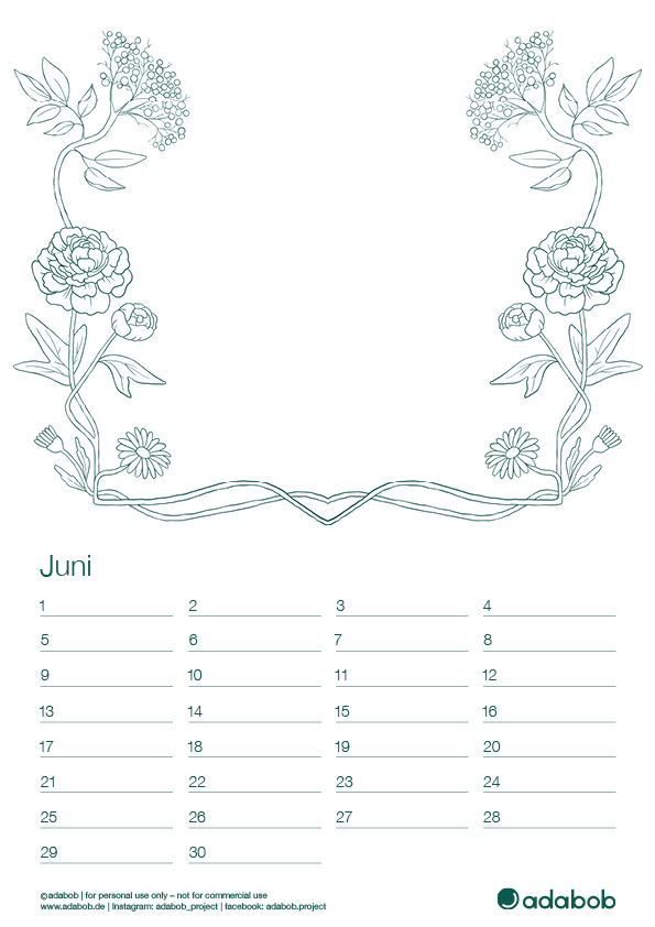 Kalenderblatt Juni mit Holunder, Pfingstrose und Gänseblümchen-Verzierungen zum Ausmalen; Platz für Foto in der Mitte.