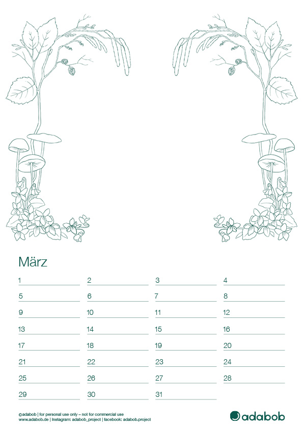 Kalenderblatt März mit Fichtenzapfenrübling, Erle, Märzveilchen-Verzierungen zum Ausmalen; Platz für Foto in der Mitte.