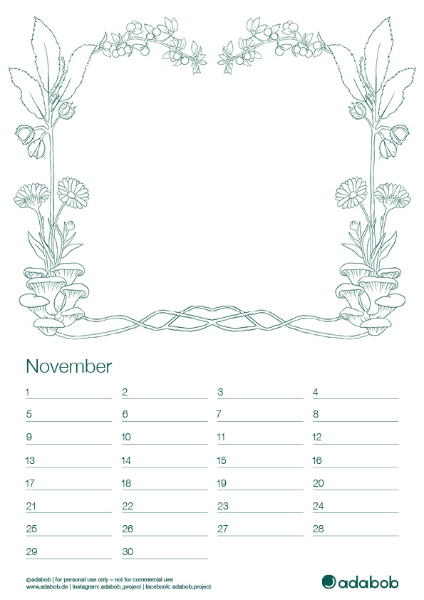Kalenderblatt November mit Austernseitling, Maronen, Schlehe und Ringelblumen-Verzierungen zum Ausmalen; Platz für Foto in der Mitte.