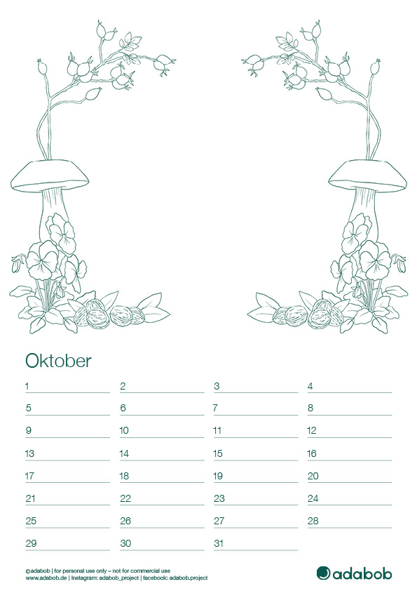 Kalenderblatt Oktober mit Walnuss, Steinpilz, Hagebutte und Stiefmütterchen-Verzierungen zum Ausmalen; Platz für Foto in der Mitte.