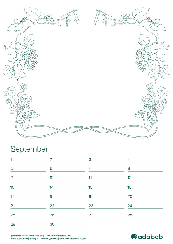 Kalenderblatt September mit Trauben, Haselnuss, Pfifferling und Hornveilchen-Verzierungen zum Ausmalen; Platz für Foto in der Mitte.