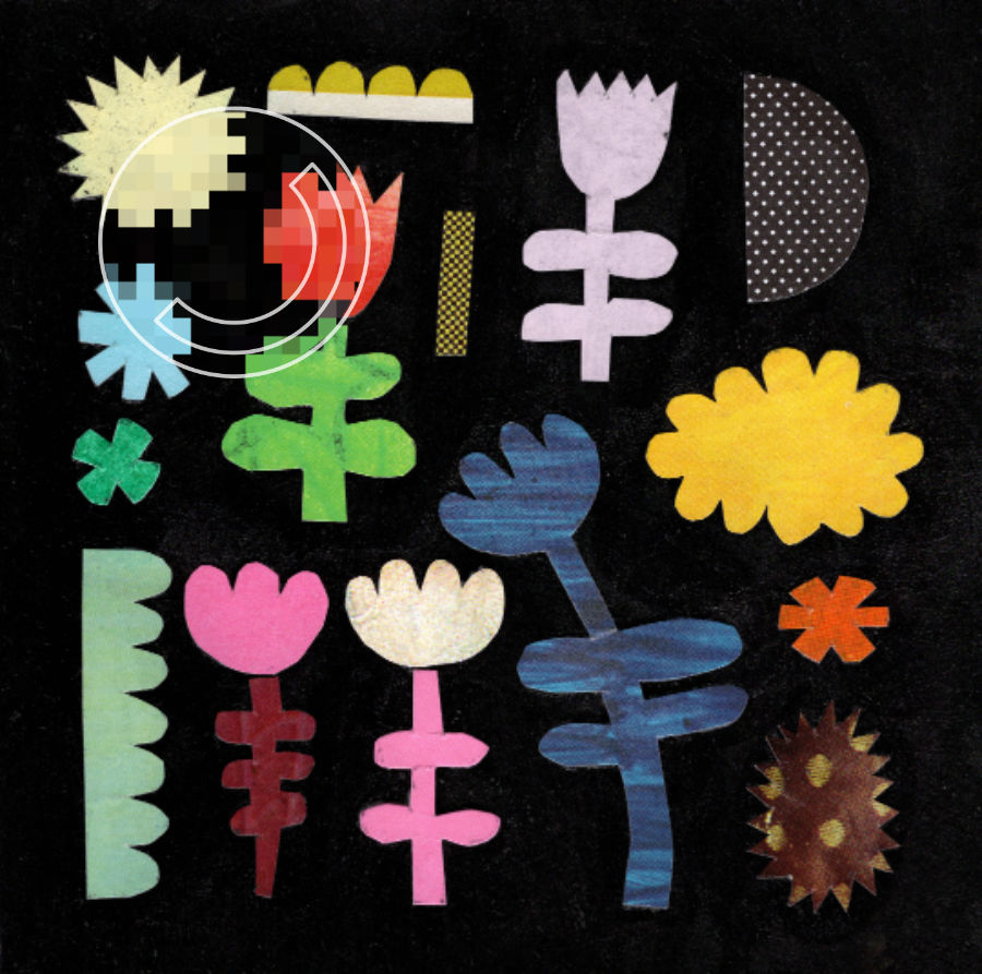 Bunte ausgeschnittene Formen aufgeklebt auf schwarzem Papier. Sternen, Blumen und freie Formen, mit Adabob-Logo.