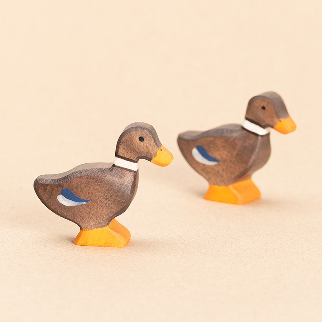 Zwei Enten aus Holz. Braun bemalt mit blauen Federakzenten und orangenem Schnabel und Entenpaddel. Nahaufnahme und nach rechts schauend