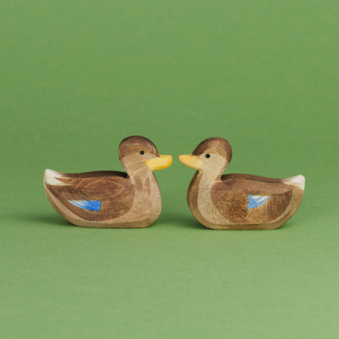 Zwei schwimmende Enten von Ostheimer aus Naturholz gefertigt, haben braunes Gefieder mit blauen und weißen Farbdetails, einen orangenen Schnabel und ein weißes Schwanzende. Beide schauen sich gegenseitig zur Bildmitte hin an.