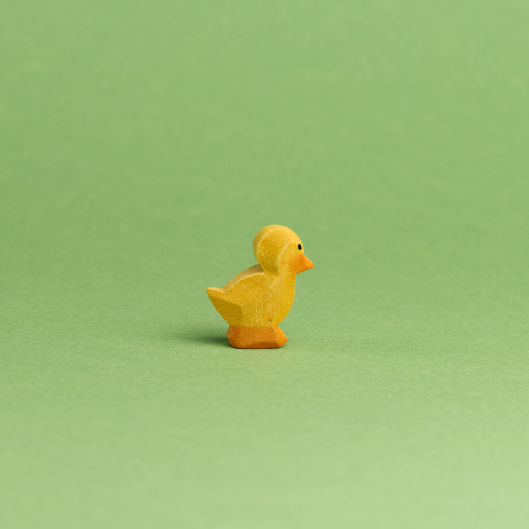 Ein Entenküken von Ostheimer aus Naturholz gefertigt, hat gelbes Fell, einen orangenen Schnabel sowie Paddeln. Das Auge ist durch einen schwarzen aufgemalten Punkt gekennzeichnet. Es schaut im Profil nach rechts.