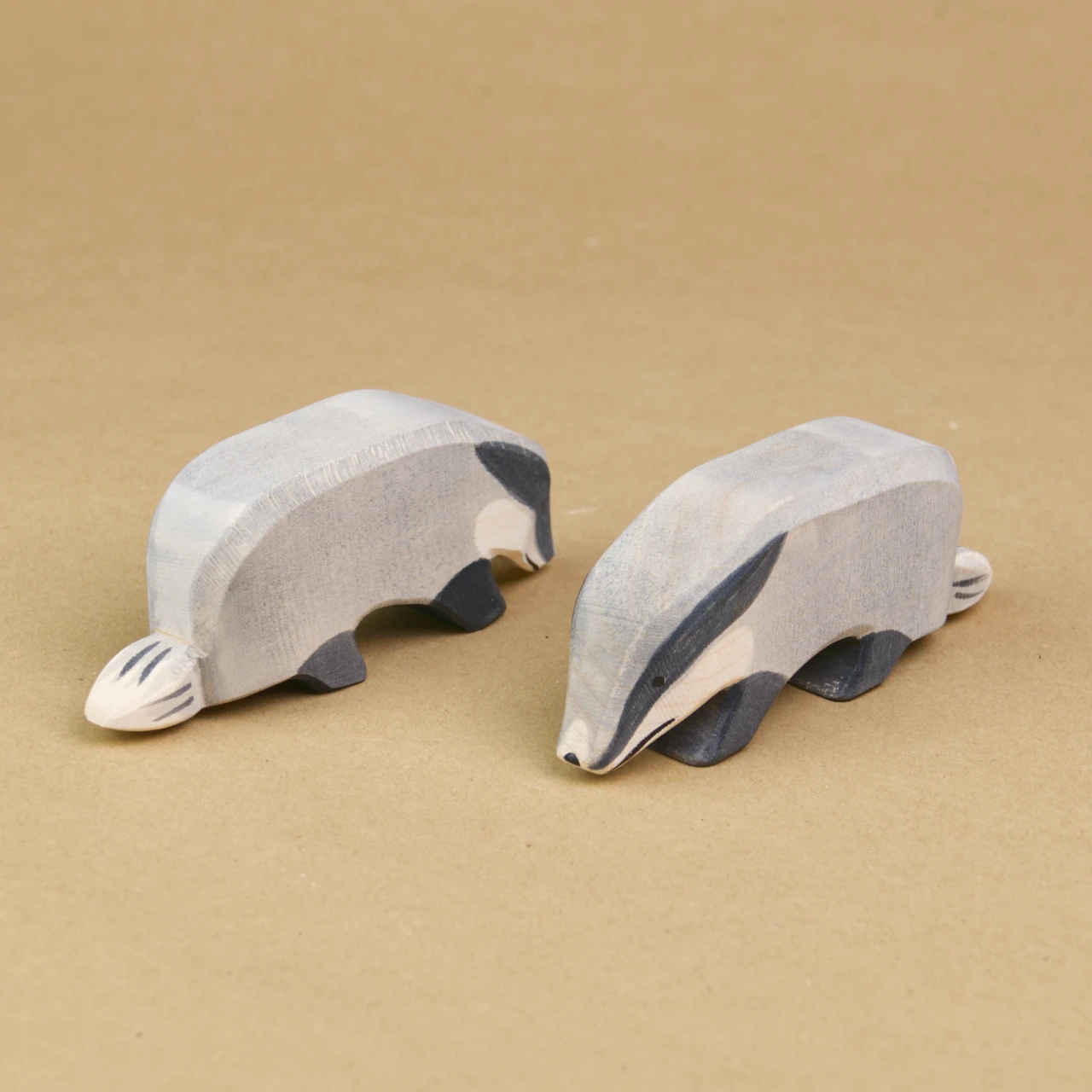 Zwei Dachse stehen seitlich eingedreht nebeneinander und halten ihren Kopf tief nach unten. Der rechte Dachs schaut nach vorne links und der linke Dachs schaut nach hinten rechts.