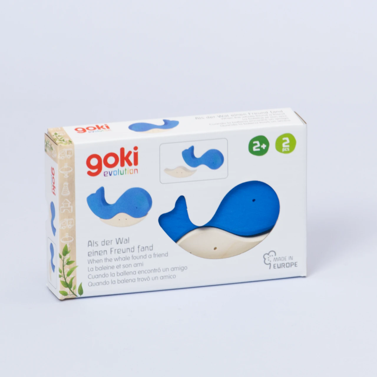 Das zweiteilige Wal Puzzle von Goki Evolution mit dem Namen. Als der Wal einen Freund fand. Das Produkt ist in einem rechteckigen Papierkarton mit walförmigem Fenster verpackt.