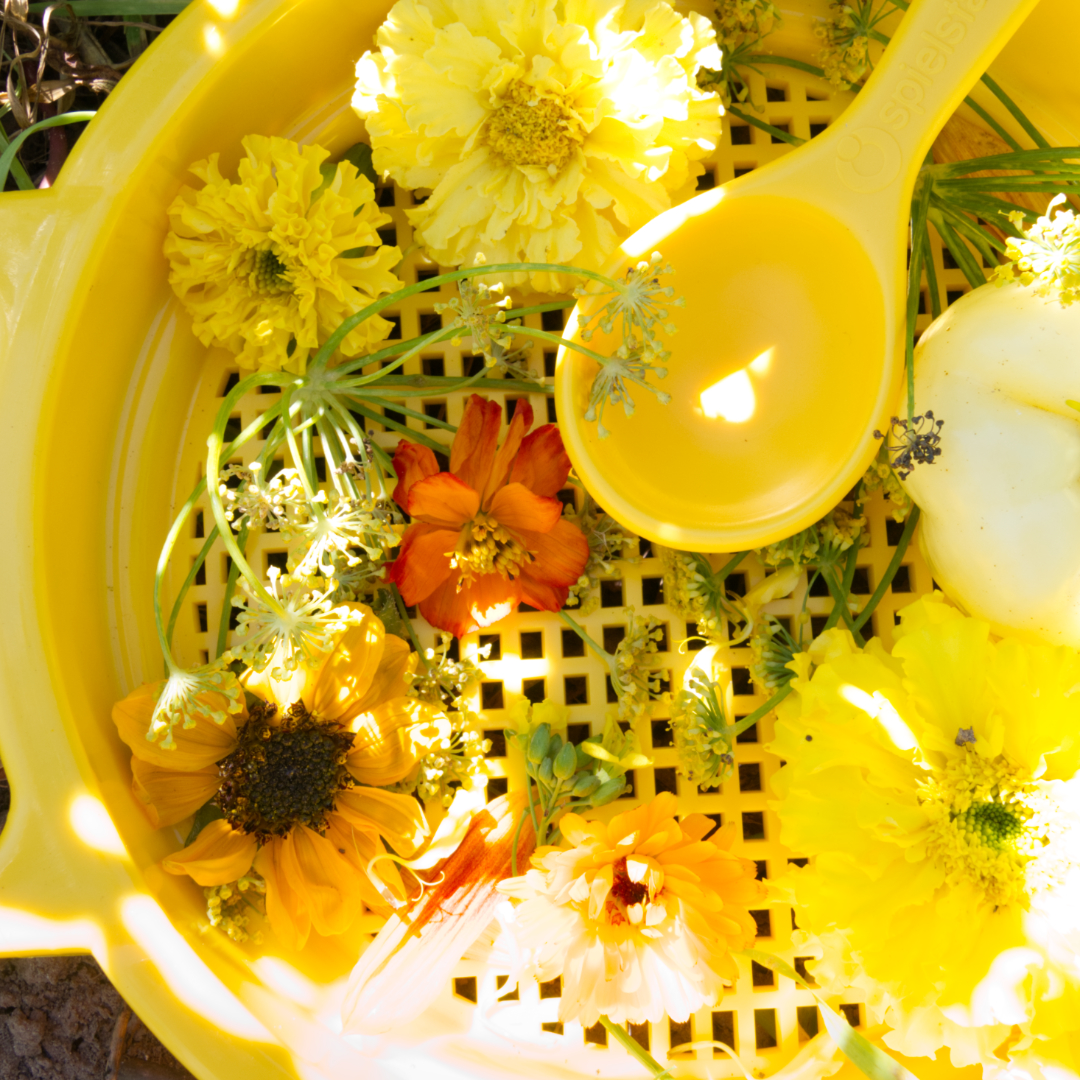Nahaufnahme des gelben Sandlöffels daliegend auf dem gelben Sieb von Spielstabil in Kombination mit unterschiedlichen Blumen und Naturprodukten.