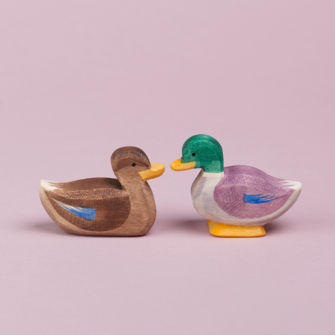Ein Erpel rechts und eine Ente links aus Holz sitzen sich gegenüber und sind in der Seitenansicht zu sehen. Sie schauen sich an und berühren sich fast mit ihrem gelben Schnabel.